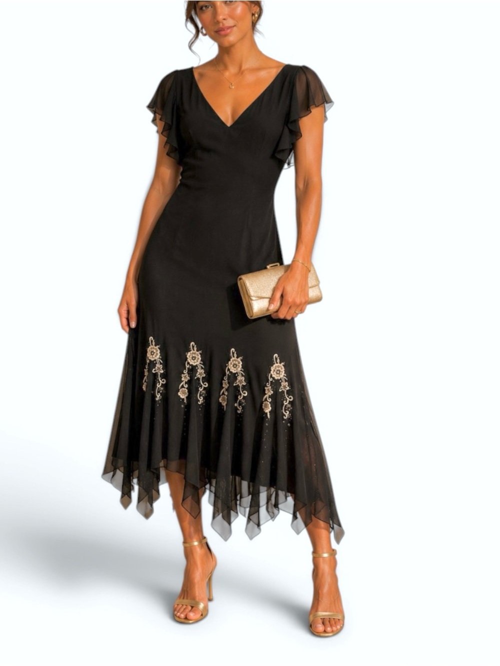 VTG Asymmetrical Embroidered Midi Dress Womens Size 10 Black Fairy Whimsigoth